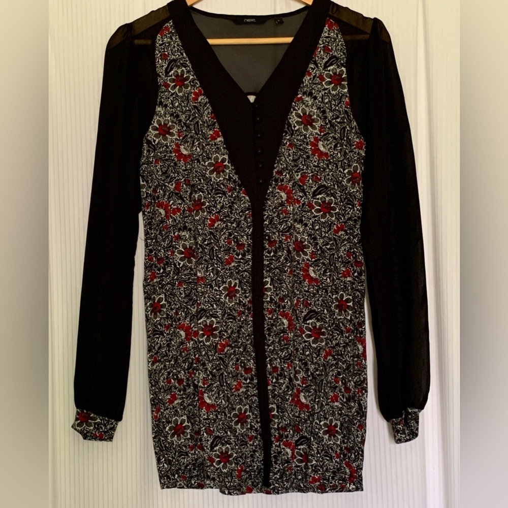 Next - Long Sleeve Red Black And White Floral Print Vneck Blouse - Size 8